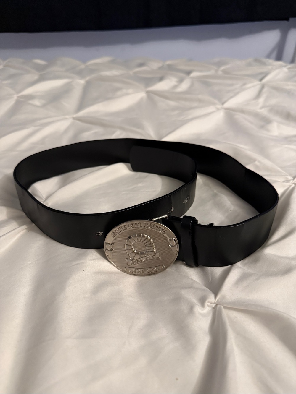 Unisex Black Leather Belt with Silver Medallion Buckle